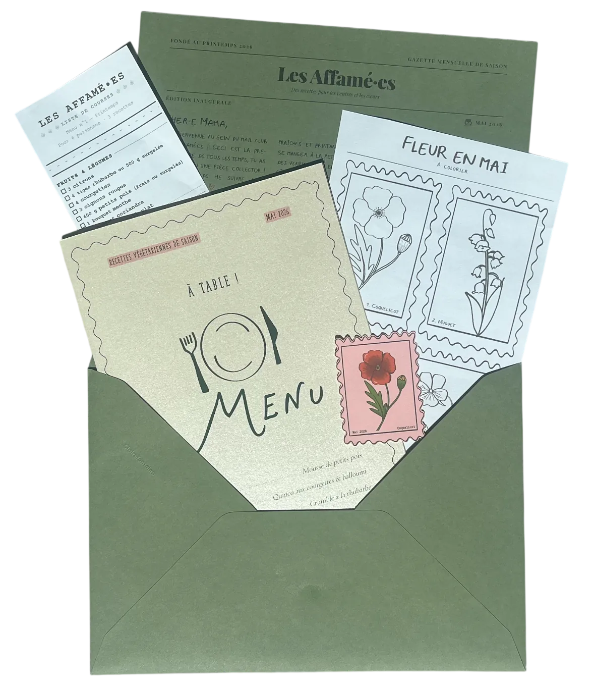 Le courrier du mois de mai 2026, ouvert sur le menu, la lettre et la planche de timbres